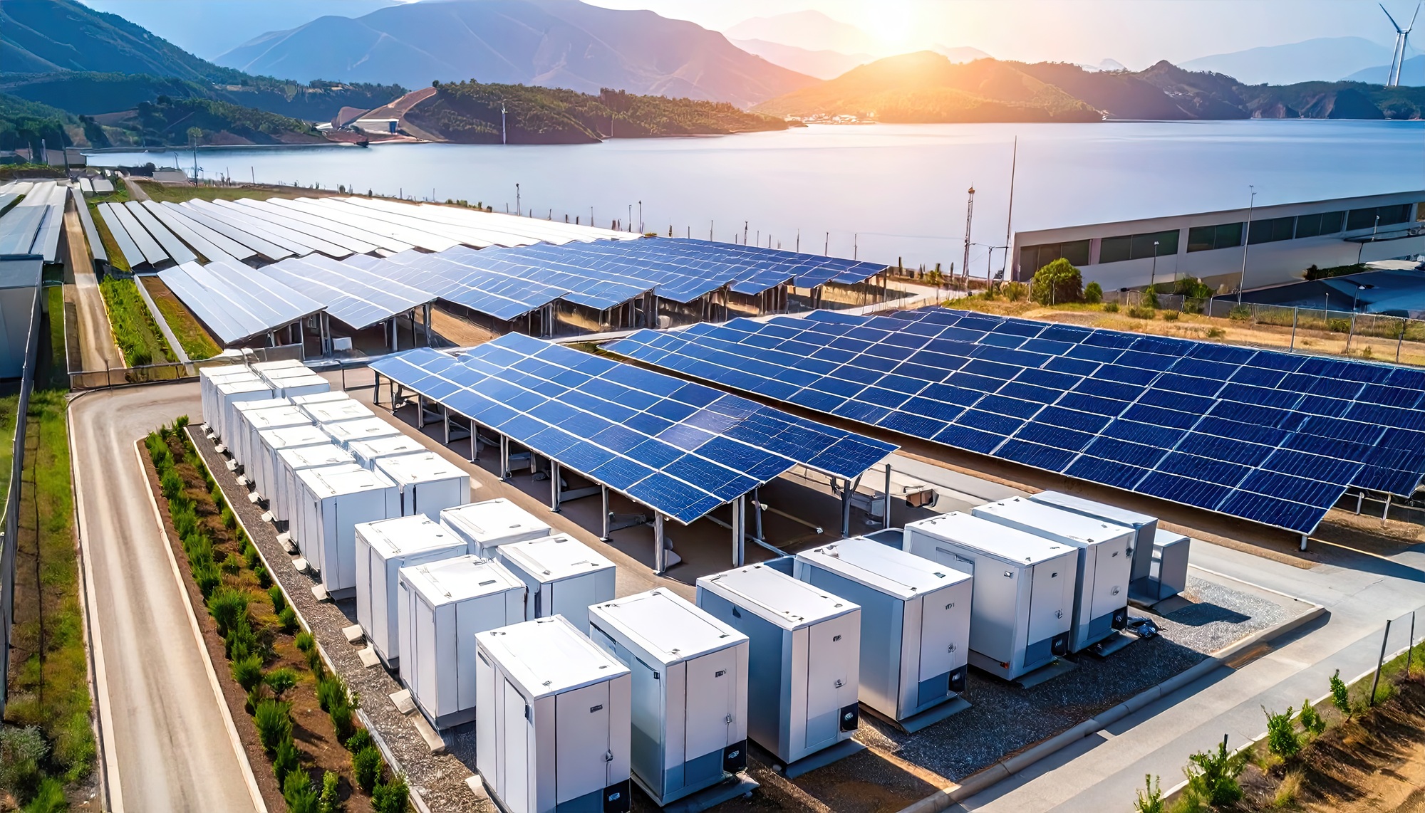 Aerial view of a solar farm and battery storage units
